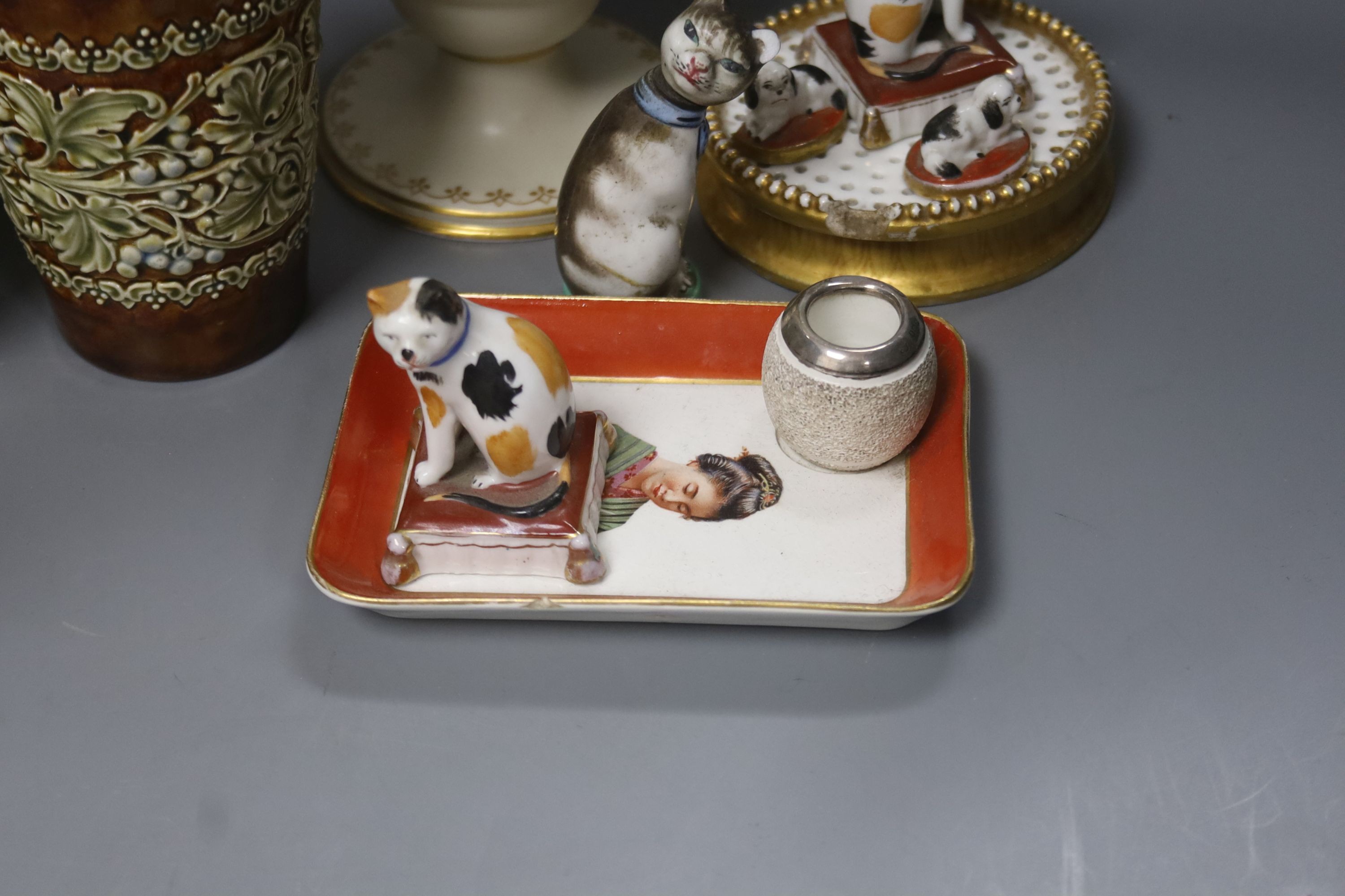 Mixed ceramics including a Staffordshire flat back ‘Othello & Iago, various cat and dog figures, a Doulton stoneware beaker etc.